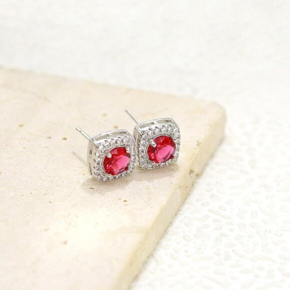 Women's Red Square Simulated Dainty Diamond Halo Sparkling Stud Earring - Picture 8 of 9